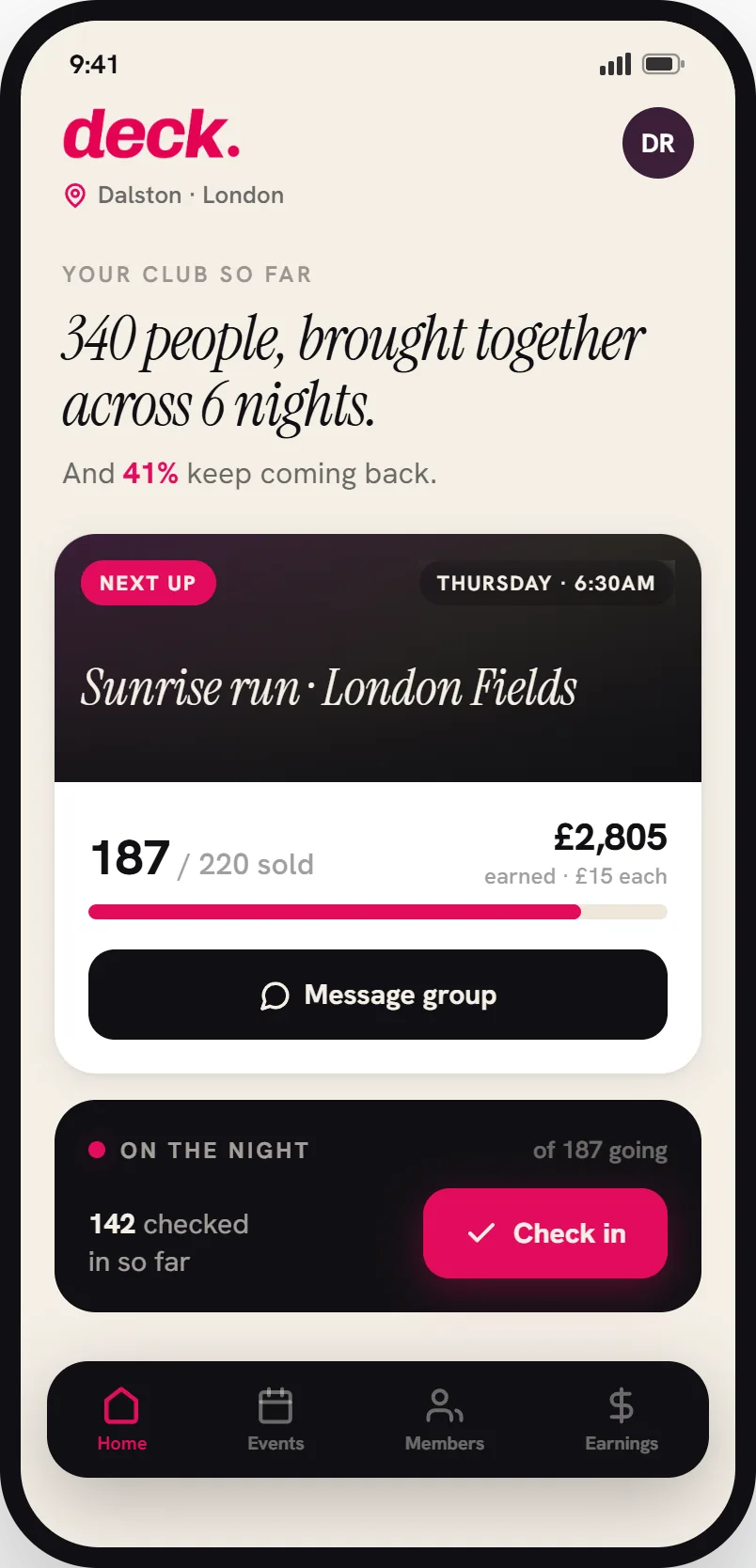 The same club in the Deck app, showing the next run and check-in.